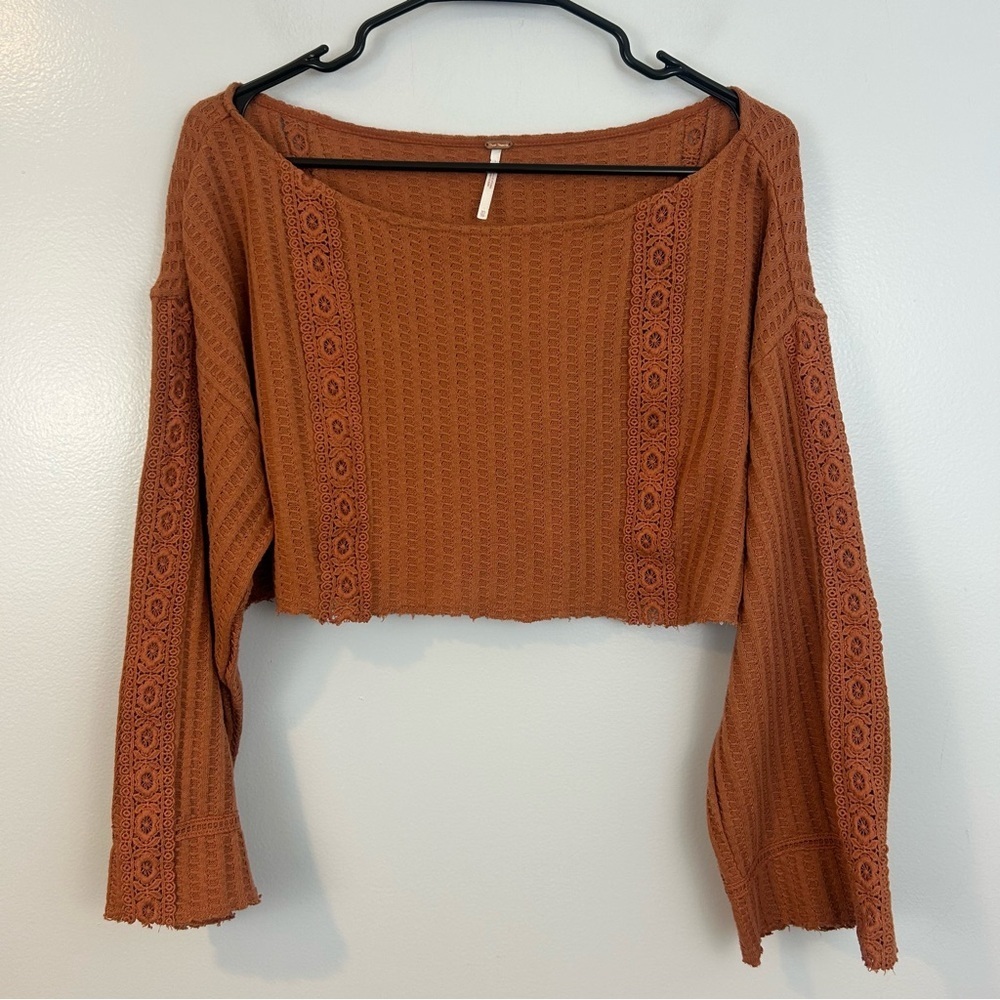 Free People Cropped Thermal Waffle Lace Orange/Brown Long Sleeve Top Size XS